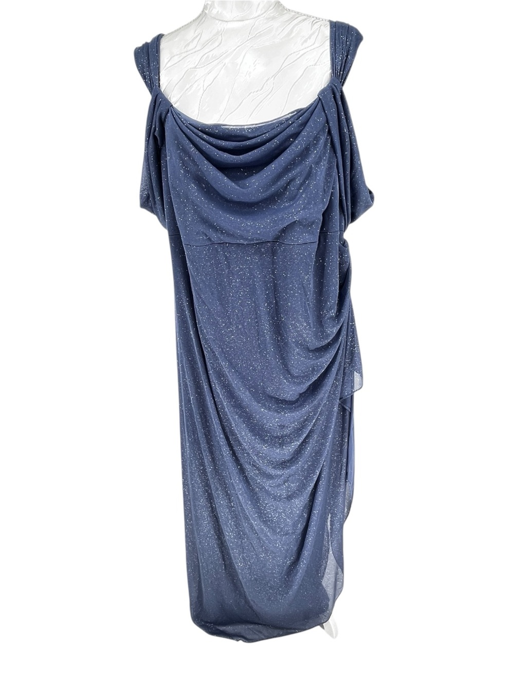 Alex Evenings Draped Dress Size 20W Blue Cold Shoulder Ruched Metallic Gown